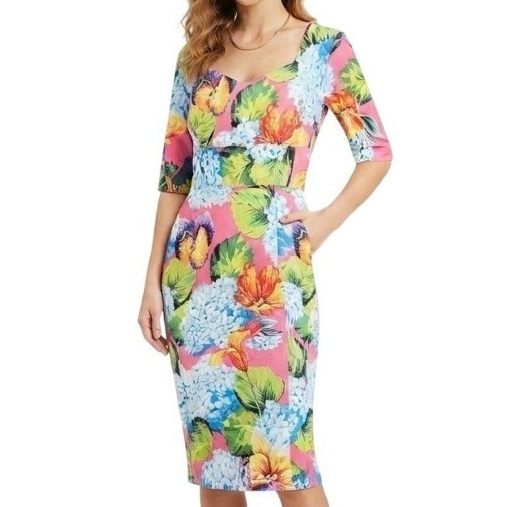 Kaimilan Womens Size 10 Colorful Floral Sweetheart Neck Summer Midi Sheath Dress